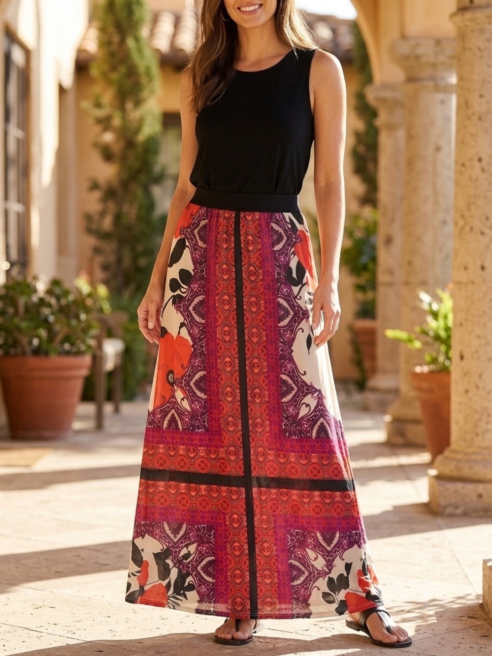 CHICO’S Maxi Dress with Red & Purple Floral Print . Size 0